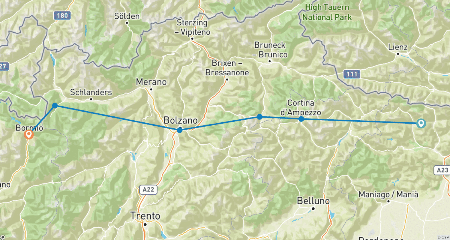 Mapa trasy: Wyzwanie Trans Dolomity (6 miejsc docelowych)