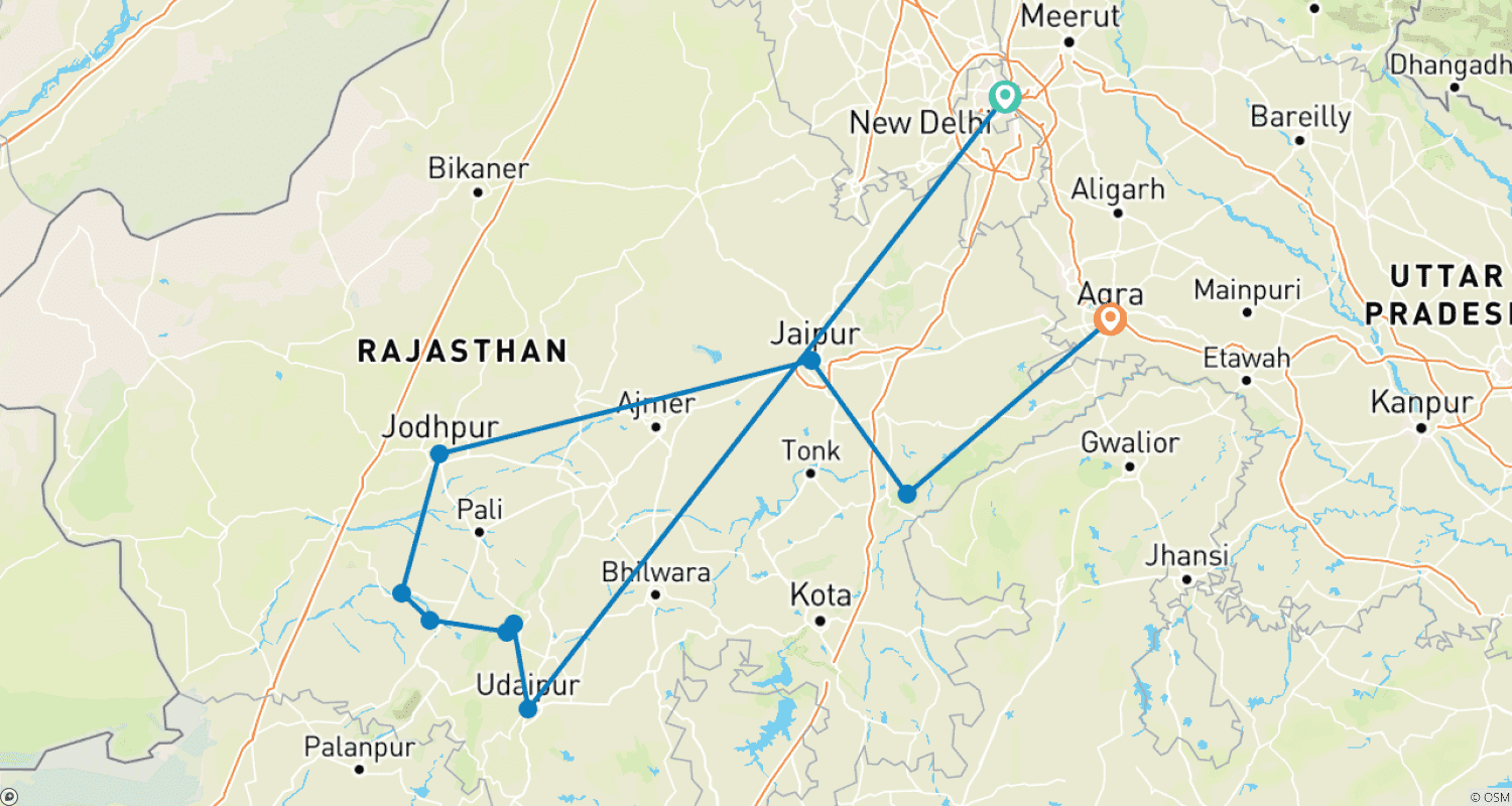 Mapa do percurso de Ciclismo no Rajastão com Taj e Tigre