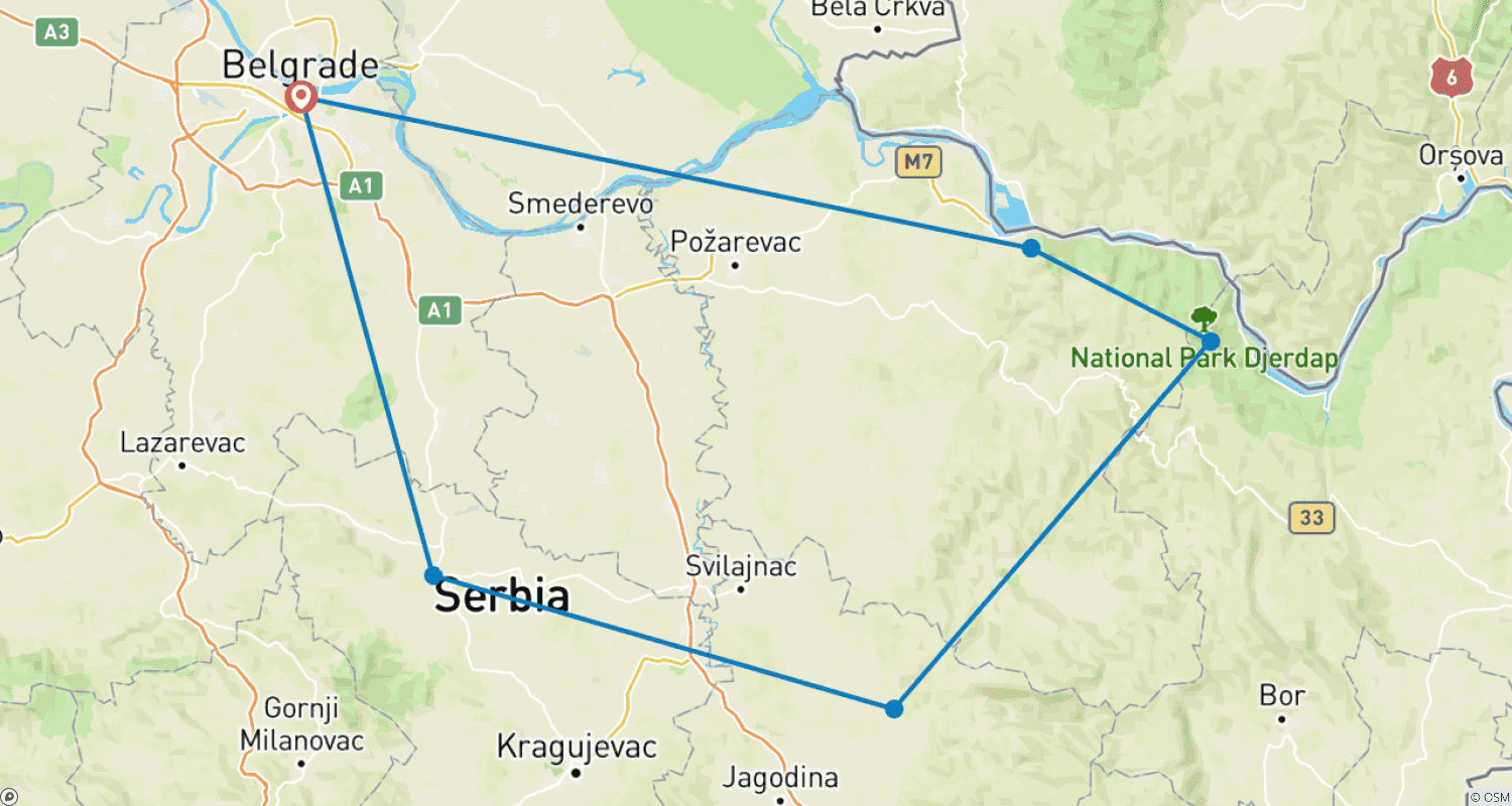 Mapa do percurso de Excursão Privada de 4 Dias pela Sérvia