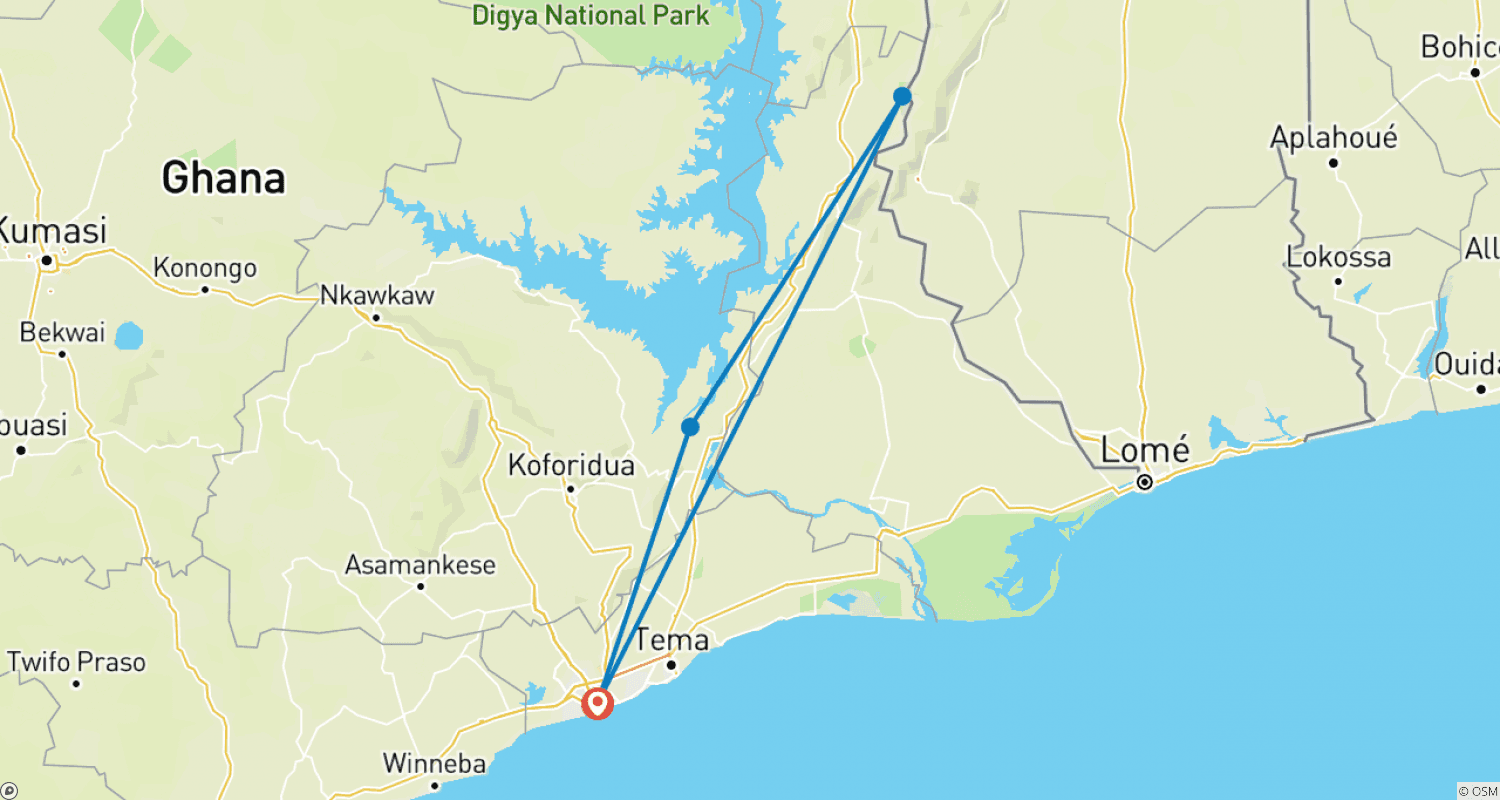 Mapa do percurso de Passeio de Fim de Semana (Região do Volta)
