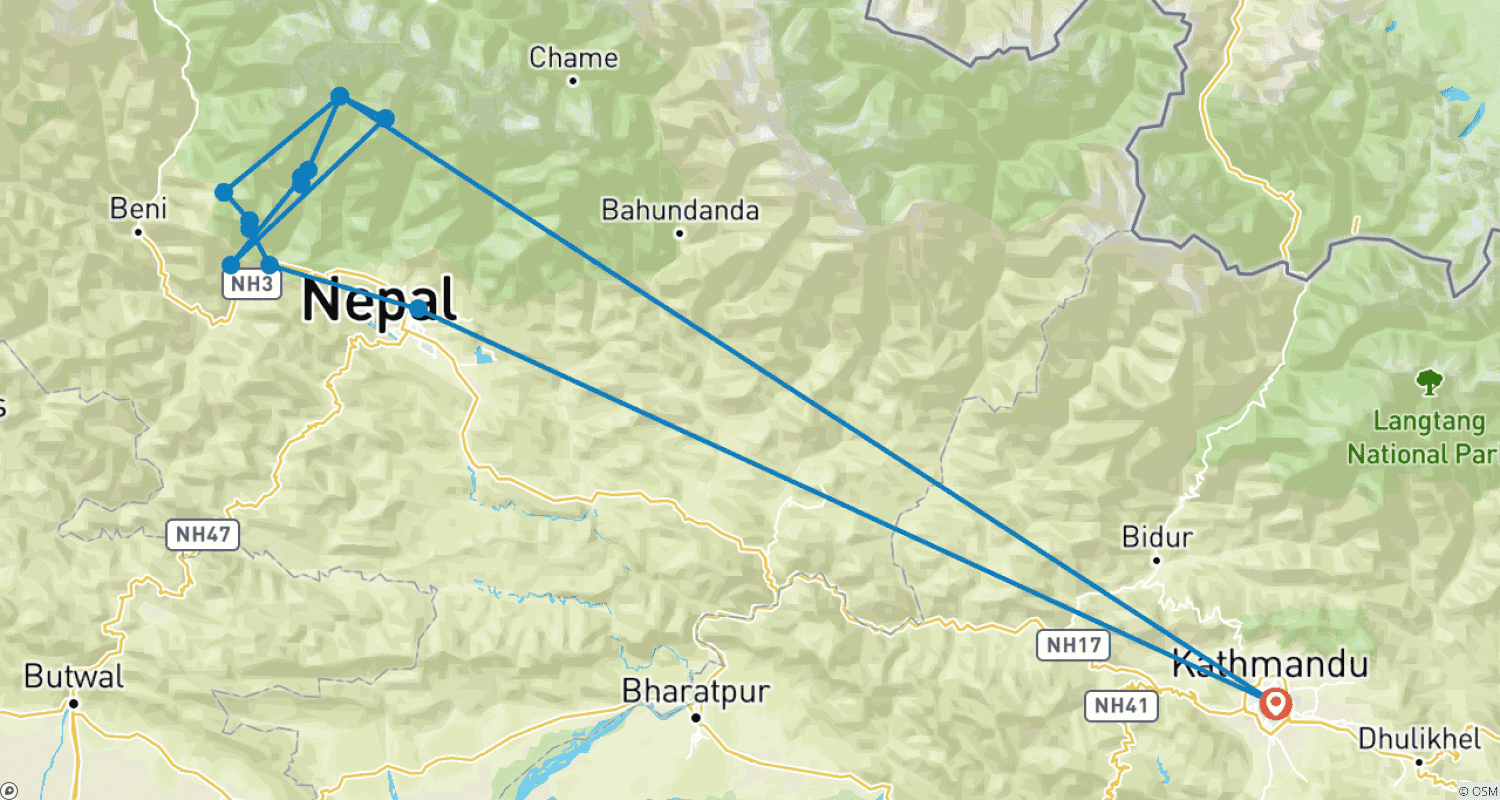 Mapa do percurso de Ghorepani Poon Hill ABC Trek - 16 Dias