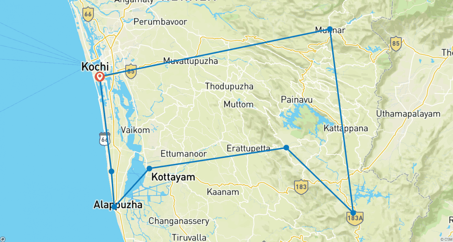 Kerala サイクリングホリデーのルートマップ