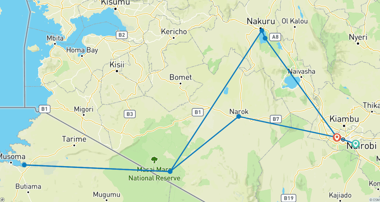 4 Days Masai Mara and Lake Nakuru Budget Safariのルートマップ