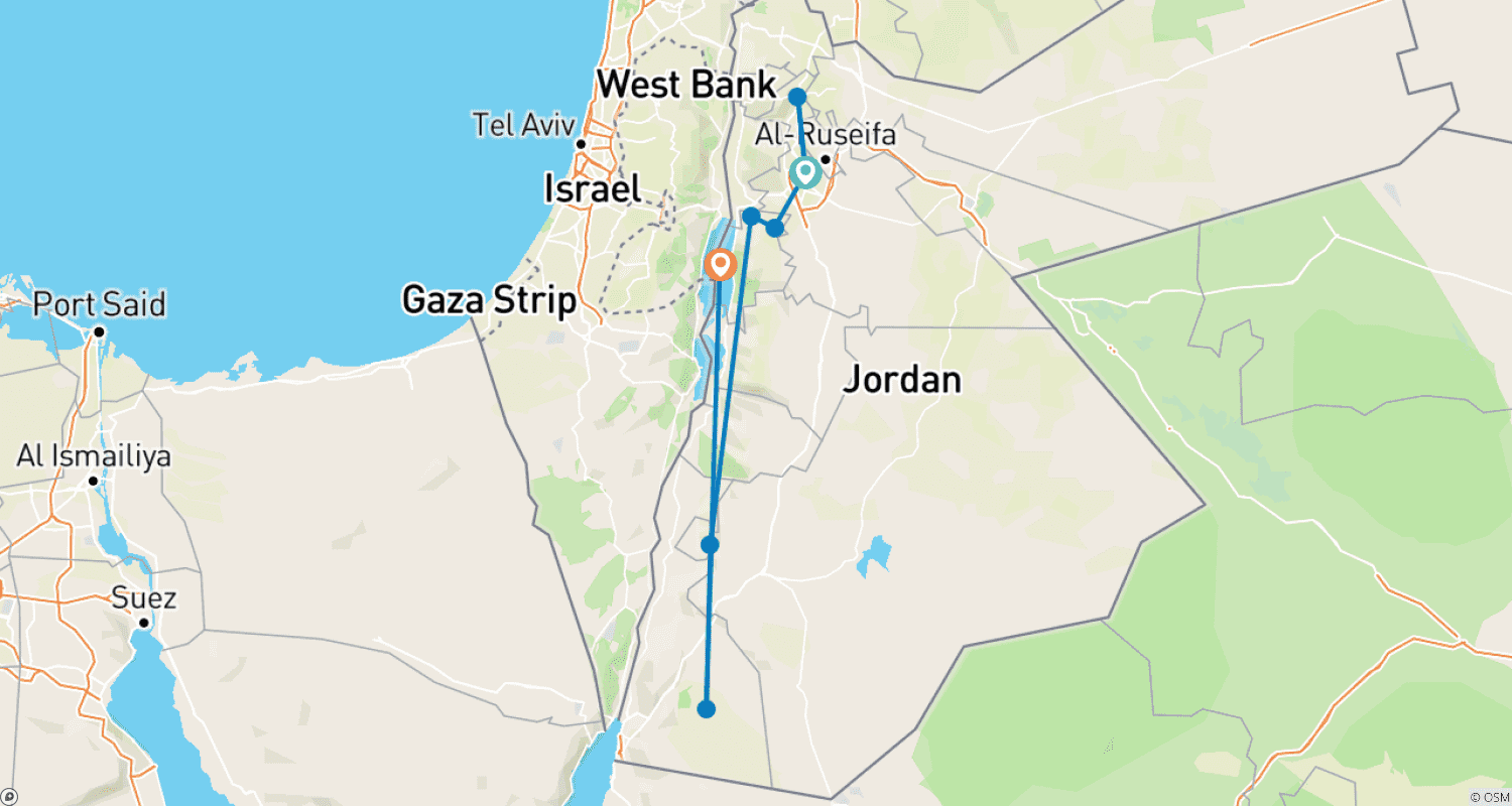 Mapa trasy: Najlepsze wycieczki po Jordanii 7 dni — odkryj Jordanię w głąb: Petra, Morze Martwe i Wadi Rum