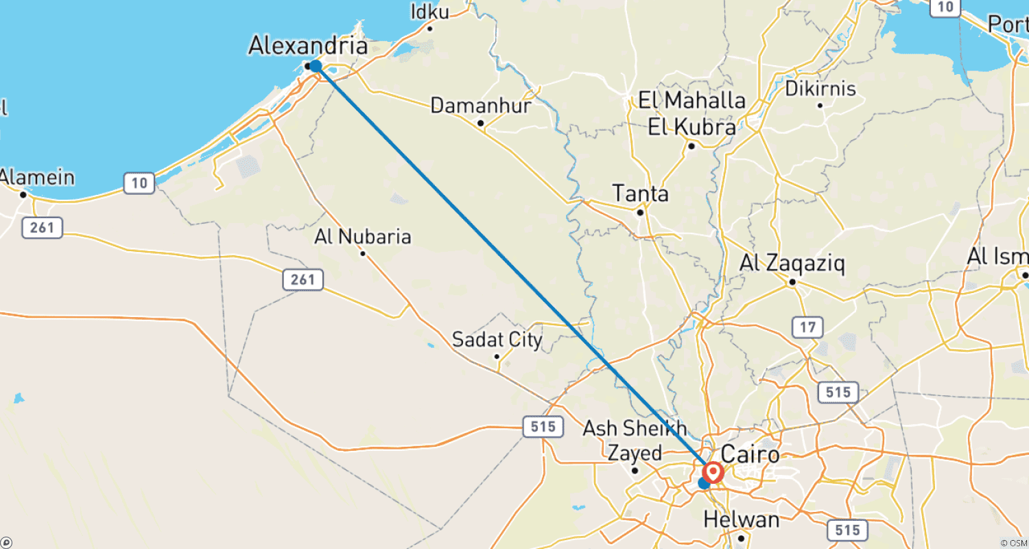 Mapa do percurso de Melhores 4 Dias em hotel 5* padrão no centro do Cairo e Alexandria
