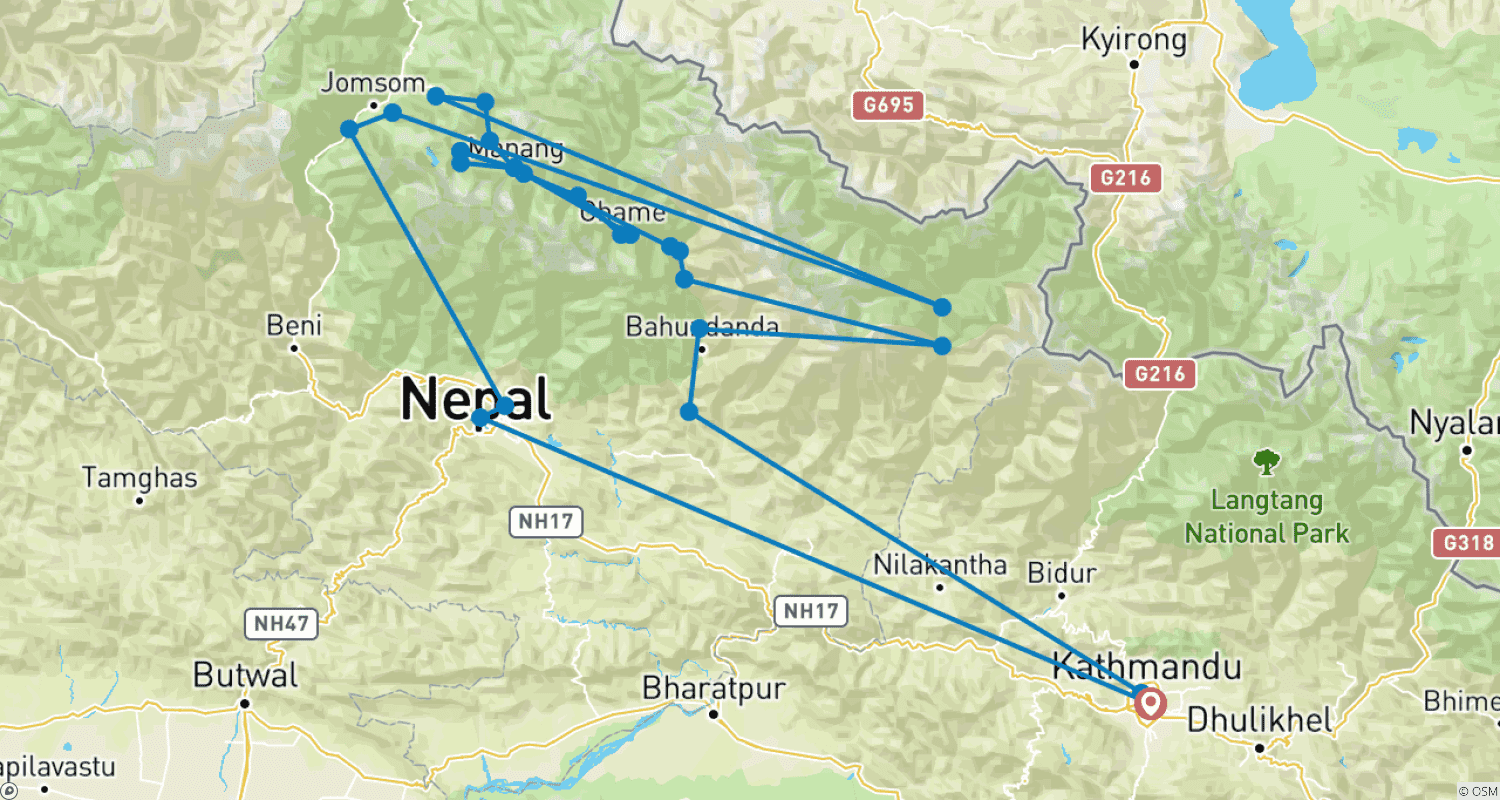 Mapa do percurso de Trekking ao Lago Tilicho e Passagem Thorong La