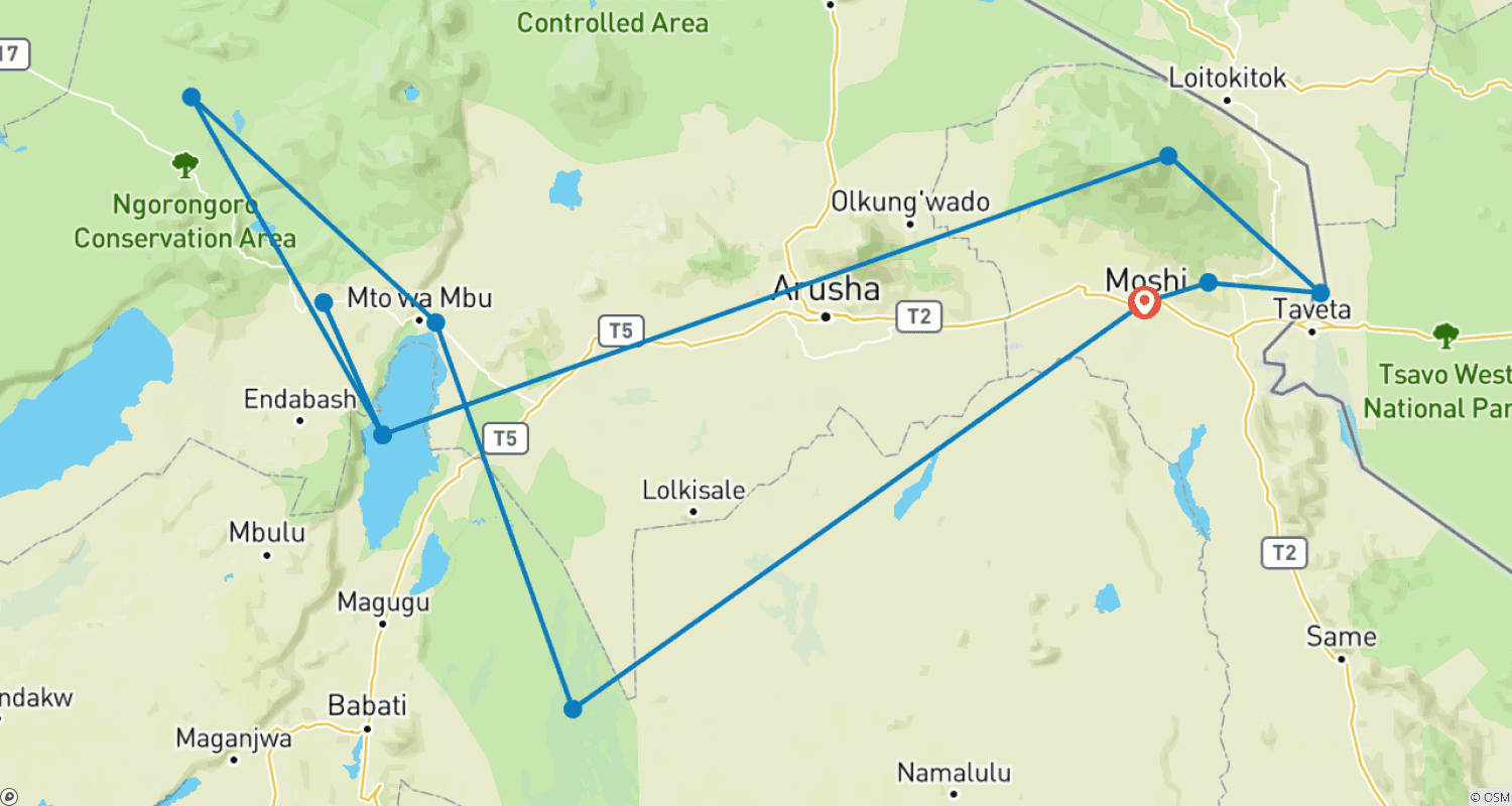 Mapa do percurso de Aventura de Ciclismo na Tanzânia + Safáris | Oclaa Adventures