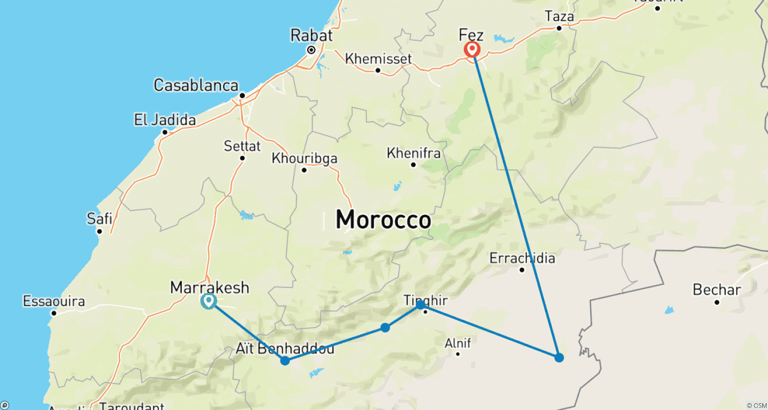 Mapa trasy: Marrakech to Fes: 4 day trip experience