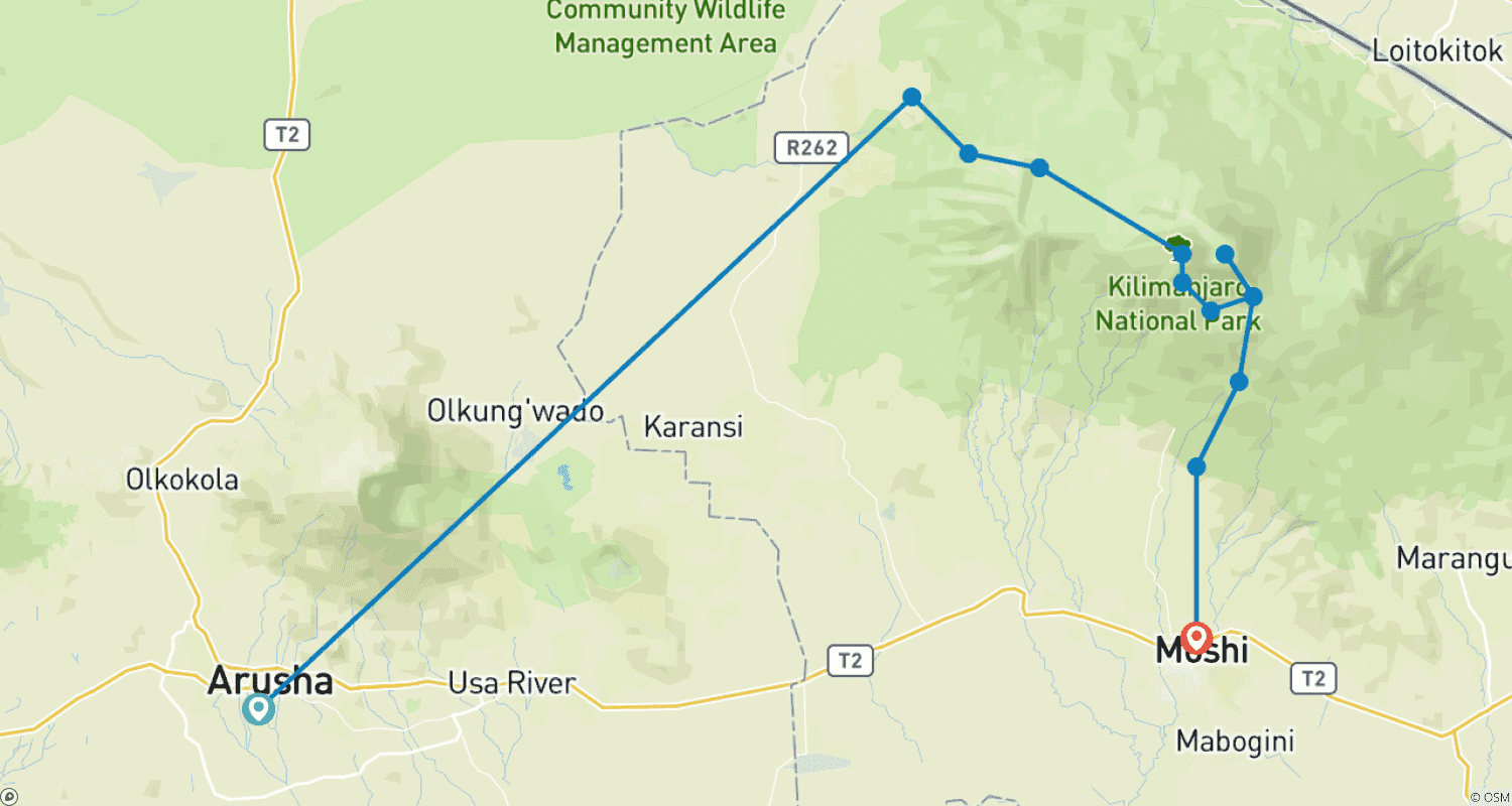 Mapa do percurso de Rota Lemosho - 6 Dias
