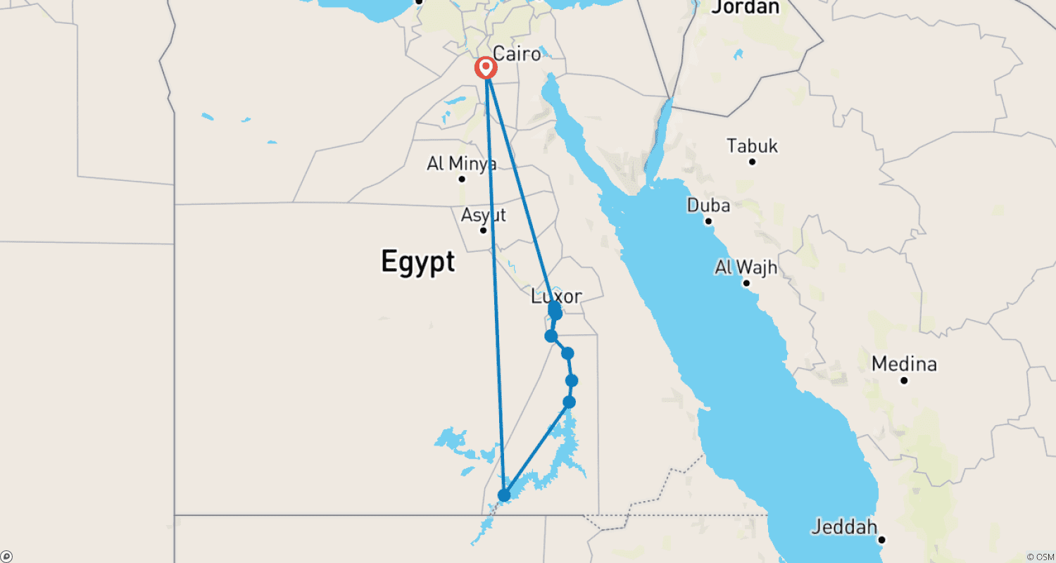 Mapa do percurso de Esplendor do Cruzeiro no Nilo com Abu Simbel