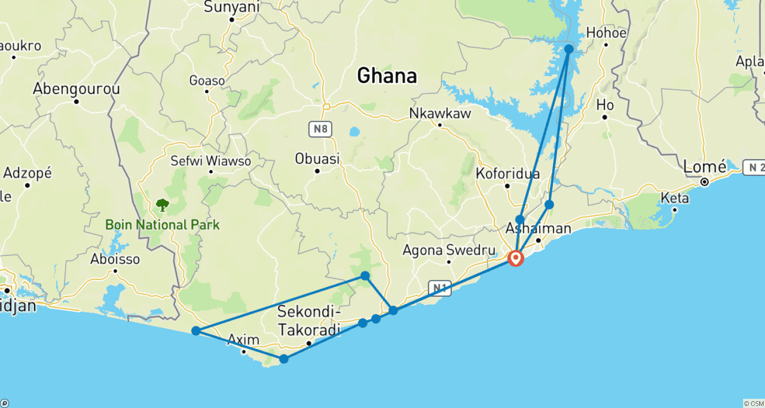 Mapa trasy: Wycieczka Volta do Nzulezu w Ghanie