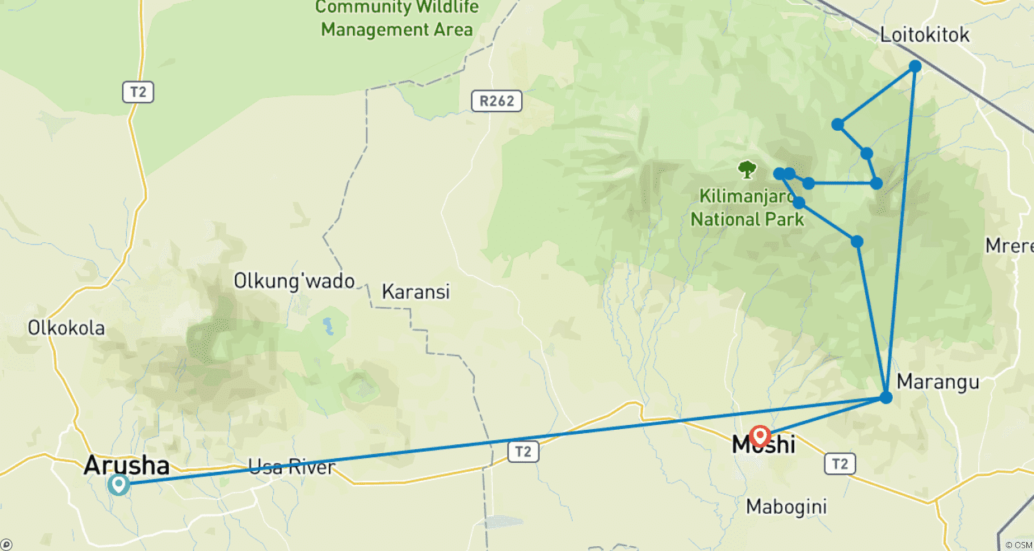 Mapa trasy: Trasa Rongai - 6 Dni