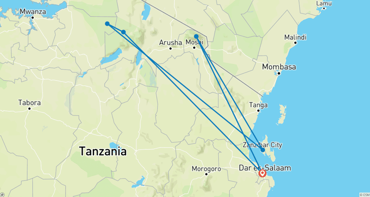 Mapa trasy: Safari, Hiking & Camping