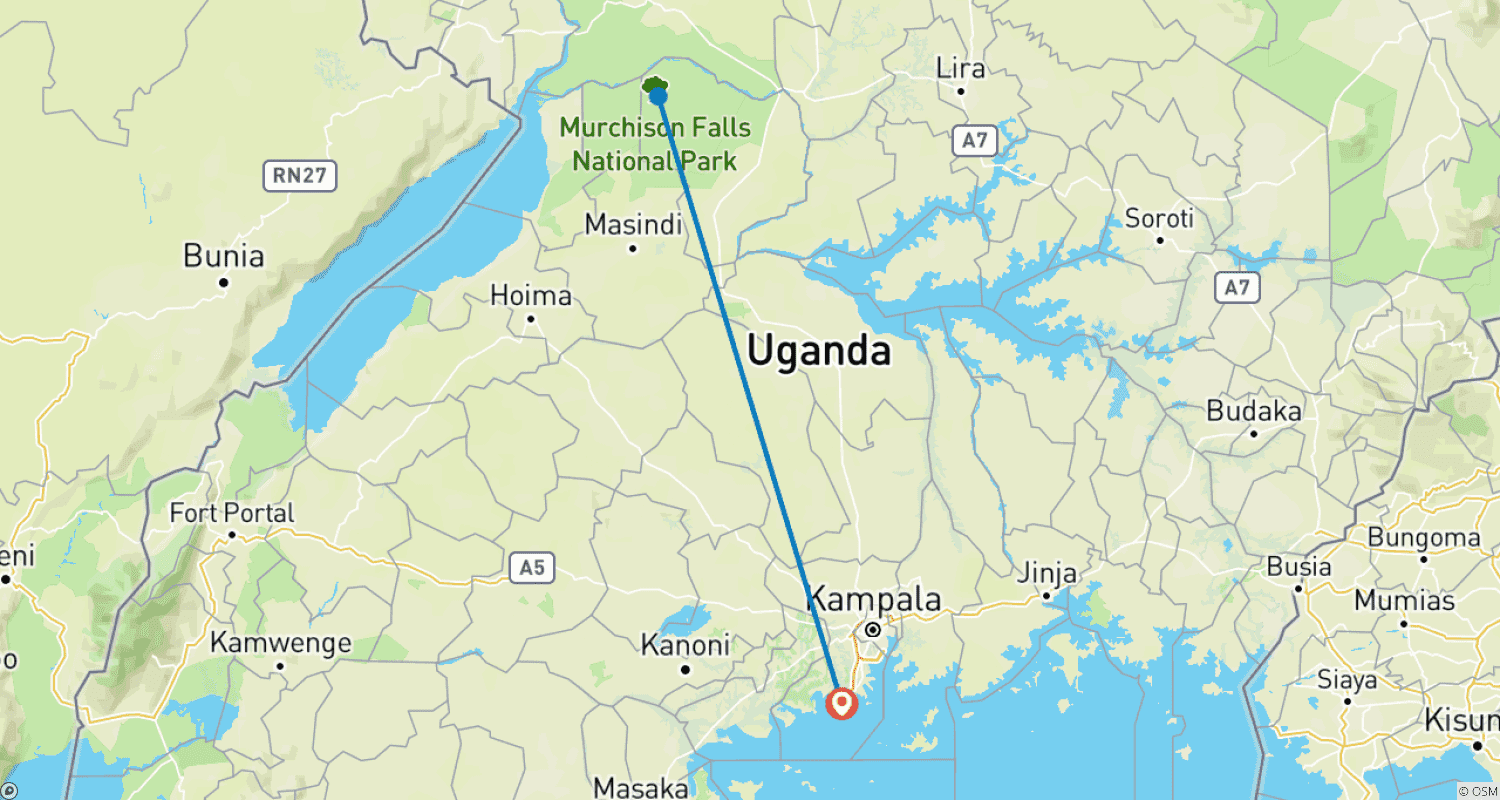 Mapa do percurso de 2 Dias de Safari de Vida Selvagem no Parque Nacional Murchison Falls