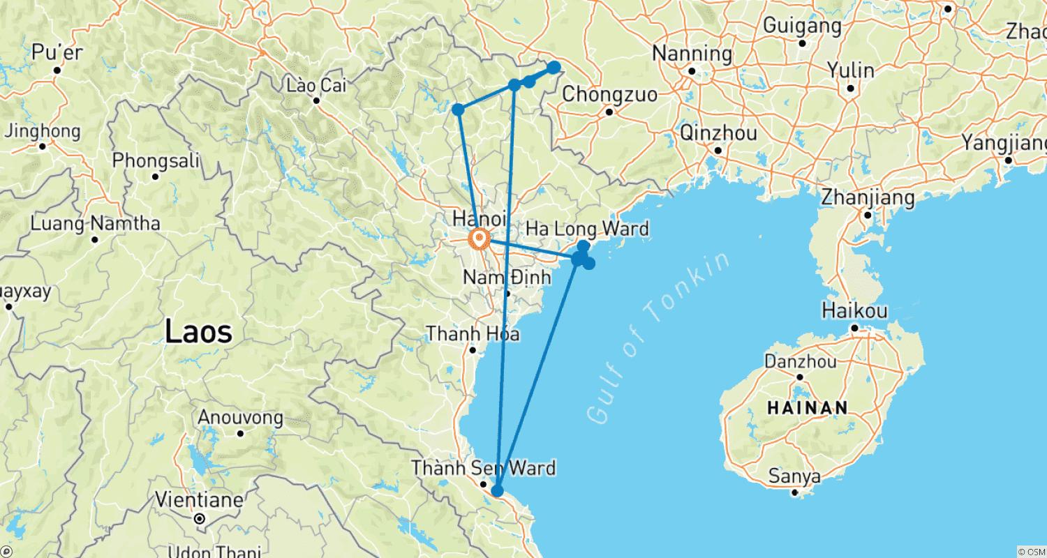 Mapa do percurso de Aventura na fronteira norte até a Ilha Cat Ba: 8 dias e 7 noites
