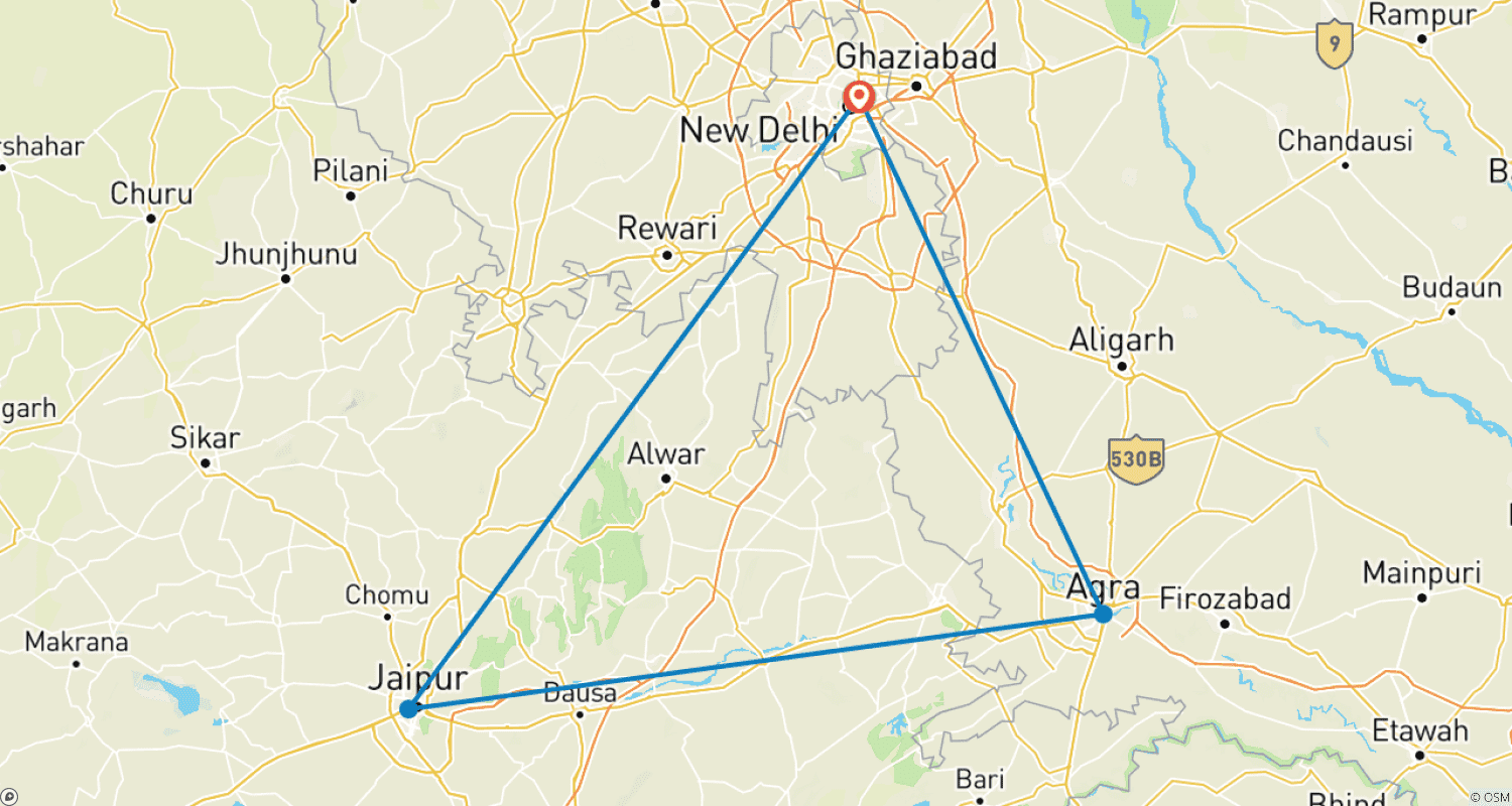 Mapa do percurso de Excursão de 4 Dias pelo Triângulo Dourado - Tour por Delhi, Agra e Jaipur - Nascer/Pôr do Sol no Taj Mahal
