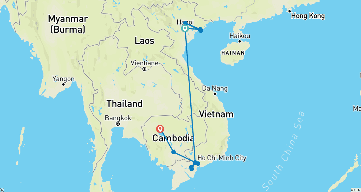 Mapa do percurso de Pacote de Viagem Vietnã e Camboja em 11 Dias