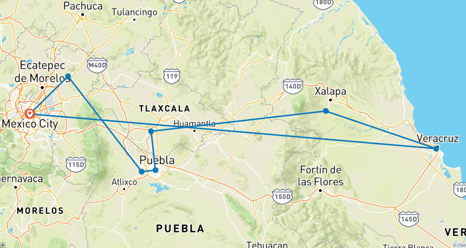 Mapa do percurso de Tour - Rota de Hernán Cortés perto dos 500 anos da Nova Espanha
