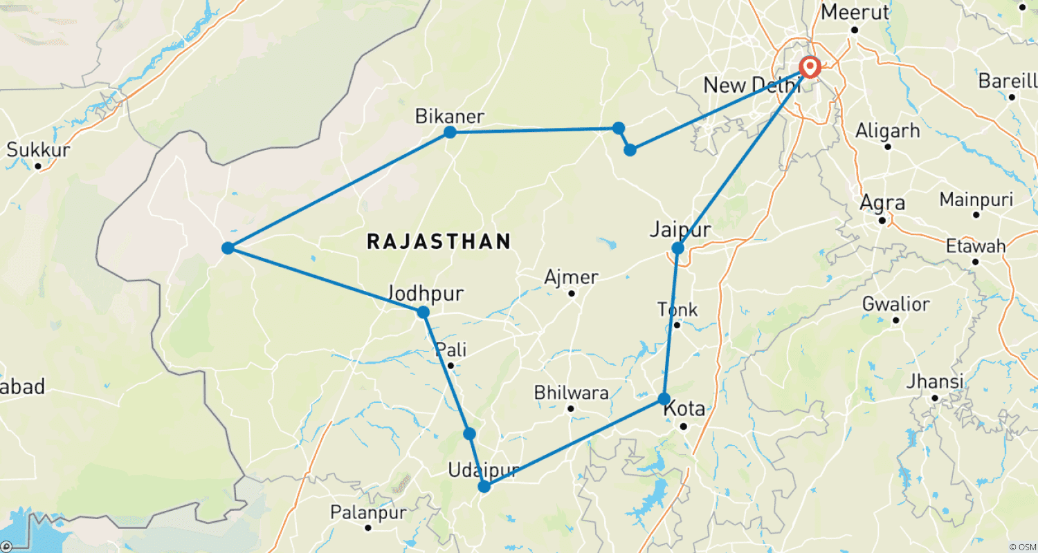 Mapa do percurso de Excursão ao Rajastão