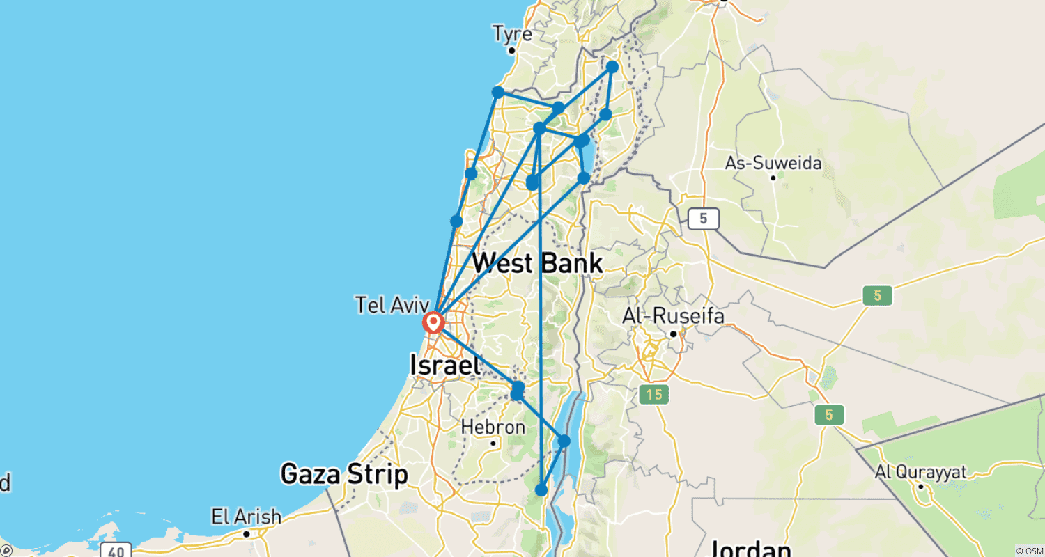 Mapa do percurso de Melhor Experiência de Viagem em Israel - 5 Dias