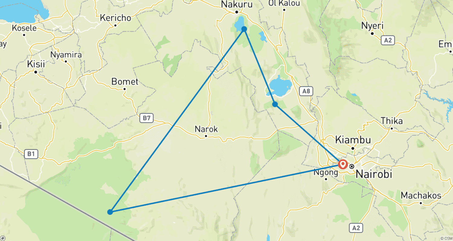 Mapa do percurso de Safari de Jipe Econômico de 5 Dias no Quênia - Masai Mara - Lago Nakuru e Hell's Gate Naivasha