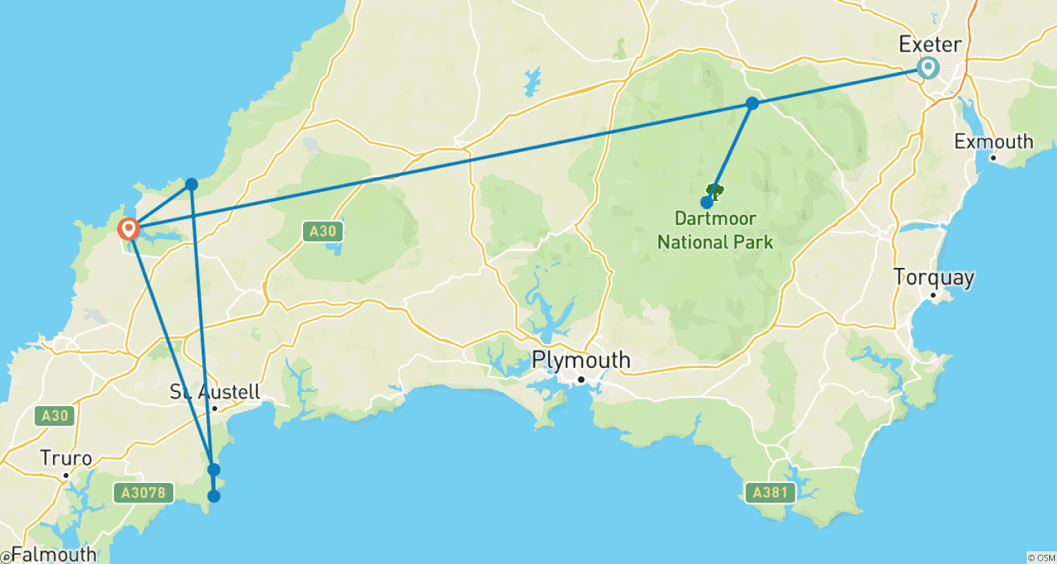 Mapa trasy: Piesza wycieczka po Devon i Kornwalii