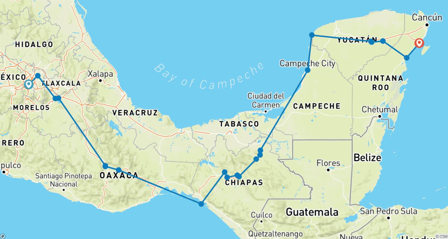 Mapa do percurso de Da Cidade do México à Riviera Maya: Uma Odisseia Pelas Maravilhas Mexicanas