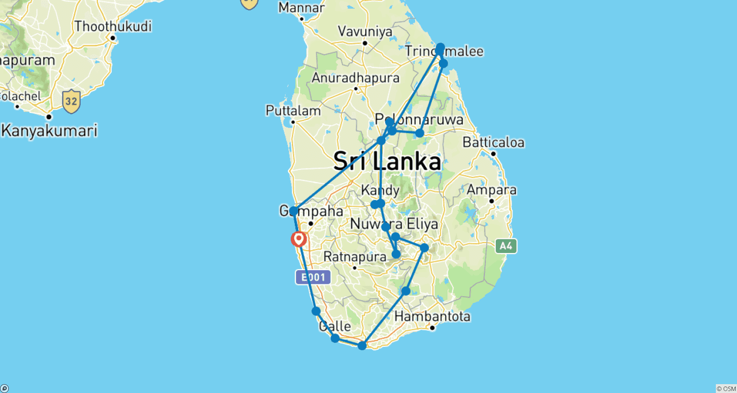 Mapa trasy: Tropikalny letni wypad na Sri Lankę – 15 dni