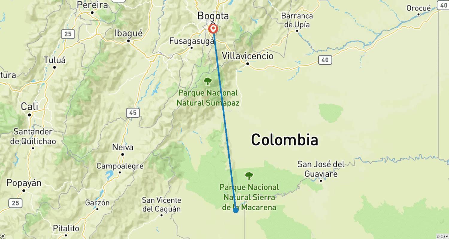 Mapa trasy: 3-dniowa wycieczka do Caño Cristales z Bogoty