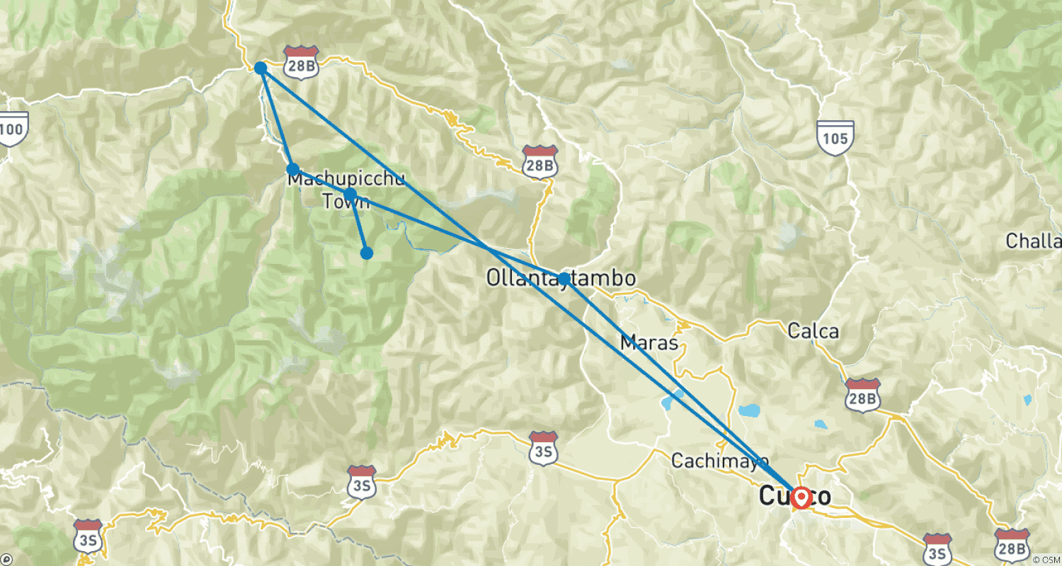 Mapa do percurso de Inca Jungle Clássico Para Machu Picchu 4 dias / 3 noites