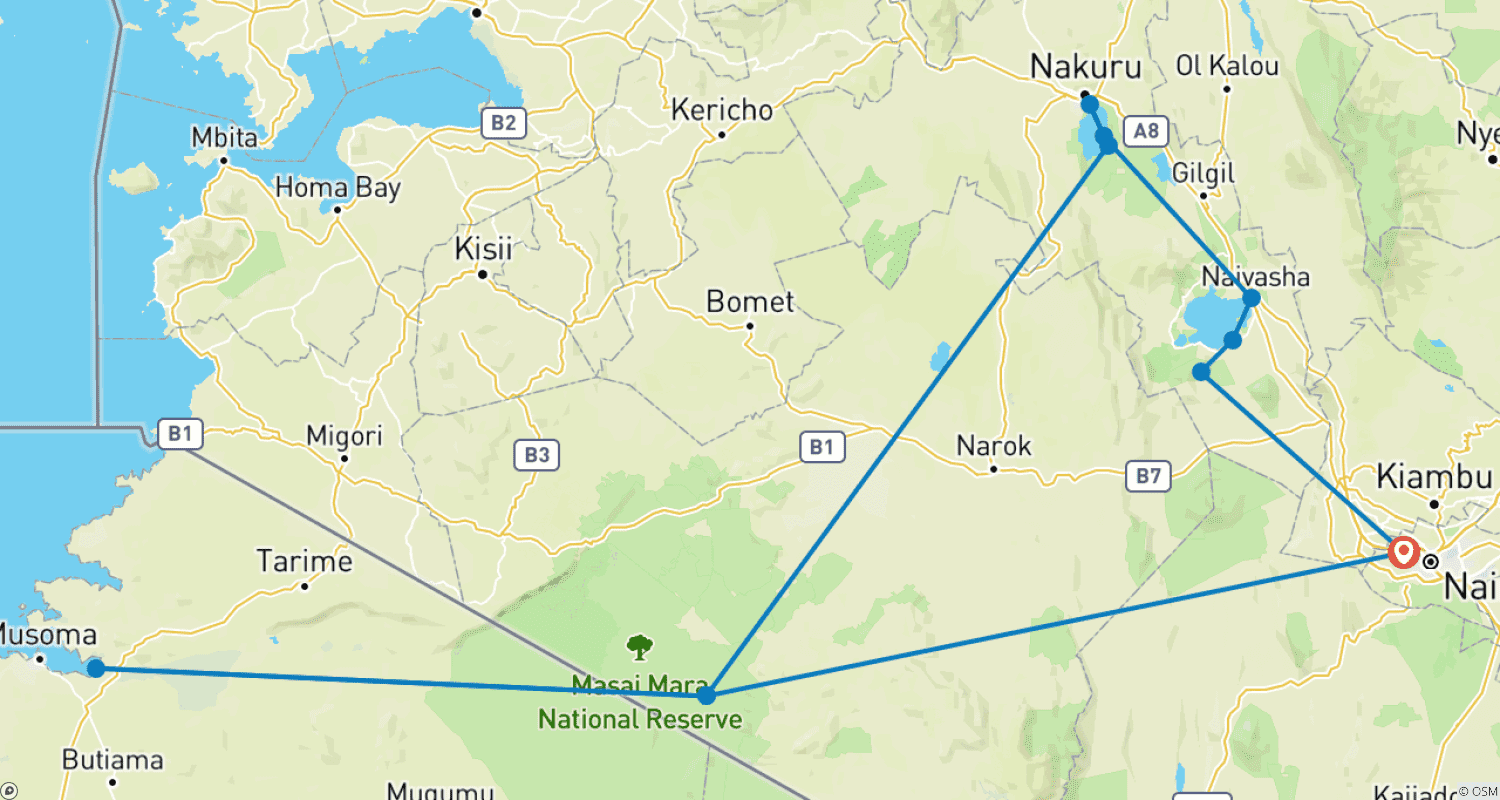 Mapa do percurso de Safári Econômico de 5 Dias e 4 Noites: Masai Mara, Lago Nakuru e Lago Naivasha/Hells Gate