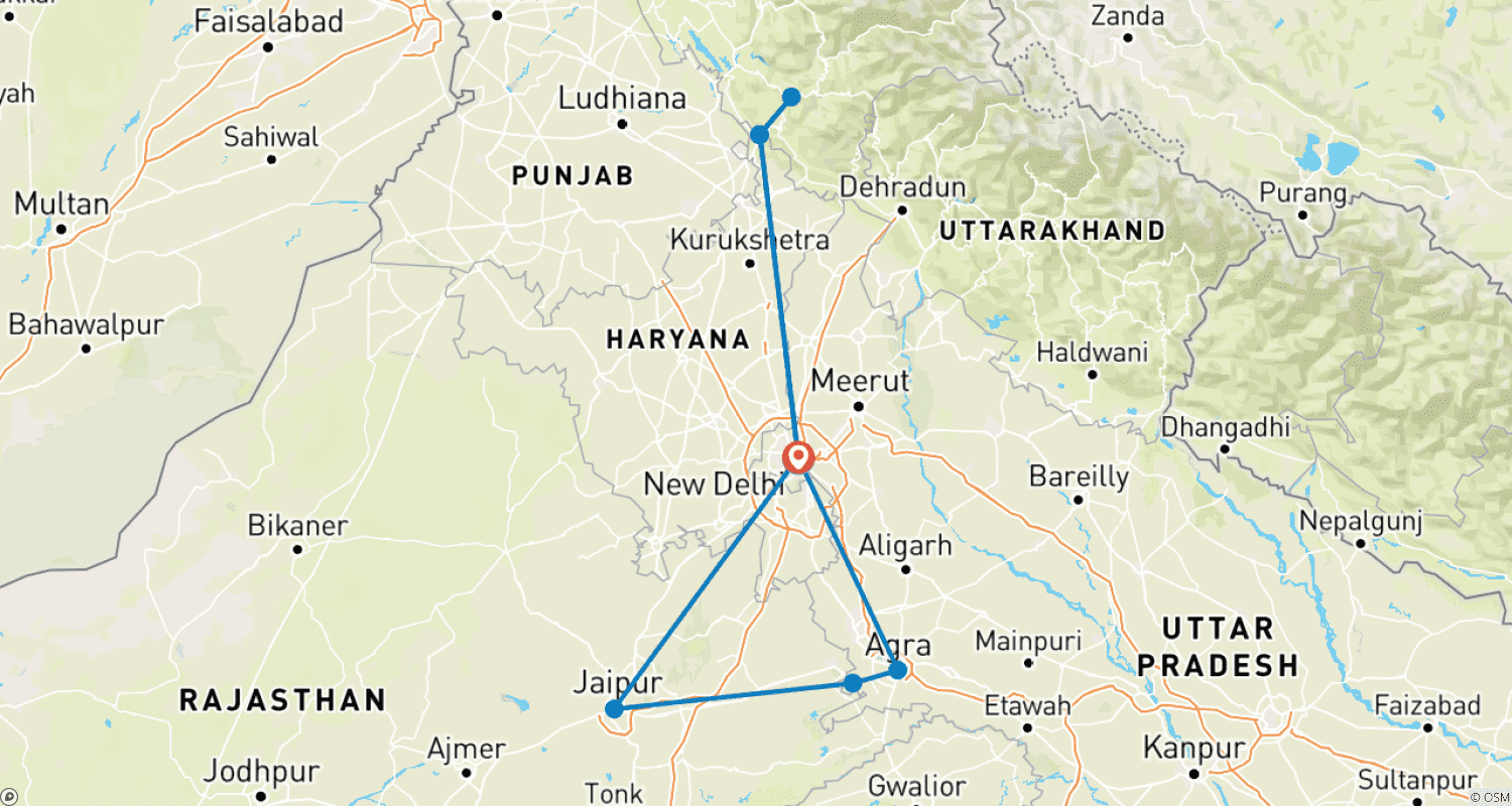 Mapa do percurso de Tour Triângulo Dourado de 10 Dias e 9 Noites com Shimla