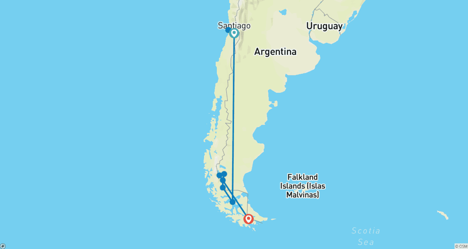 Mapa do percurso de Belezas Selvagens e Maravilhas: Uma Jornada de Santiago a Ushuaia