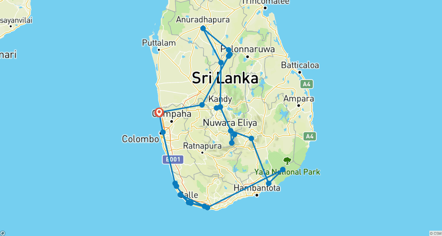 Solo Travel in Sri Lankaのルートマップ