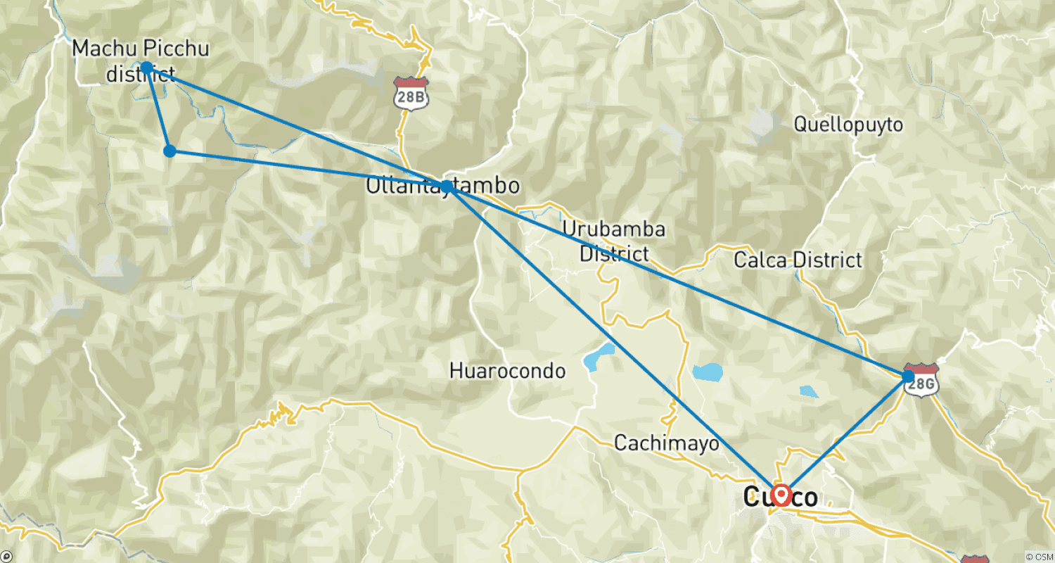 Mapa do percurso de Vale Sagrado e Machu Picchu de trem: 2 Dias