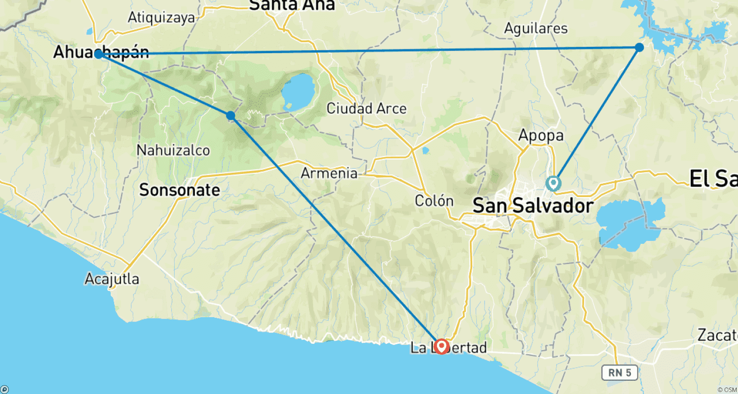 Mapa do percurso de El Salvador Tour: Unveil a Wonderful Mosaic of Culture, History, and Nature