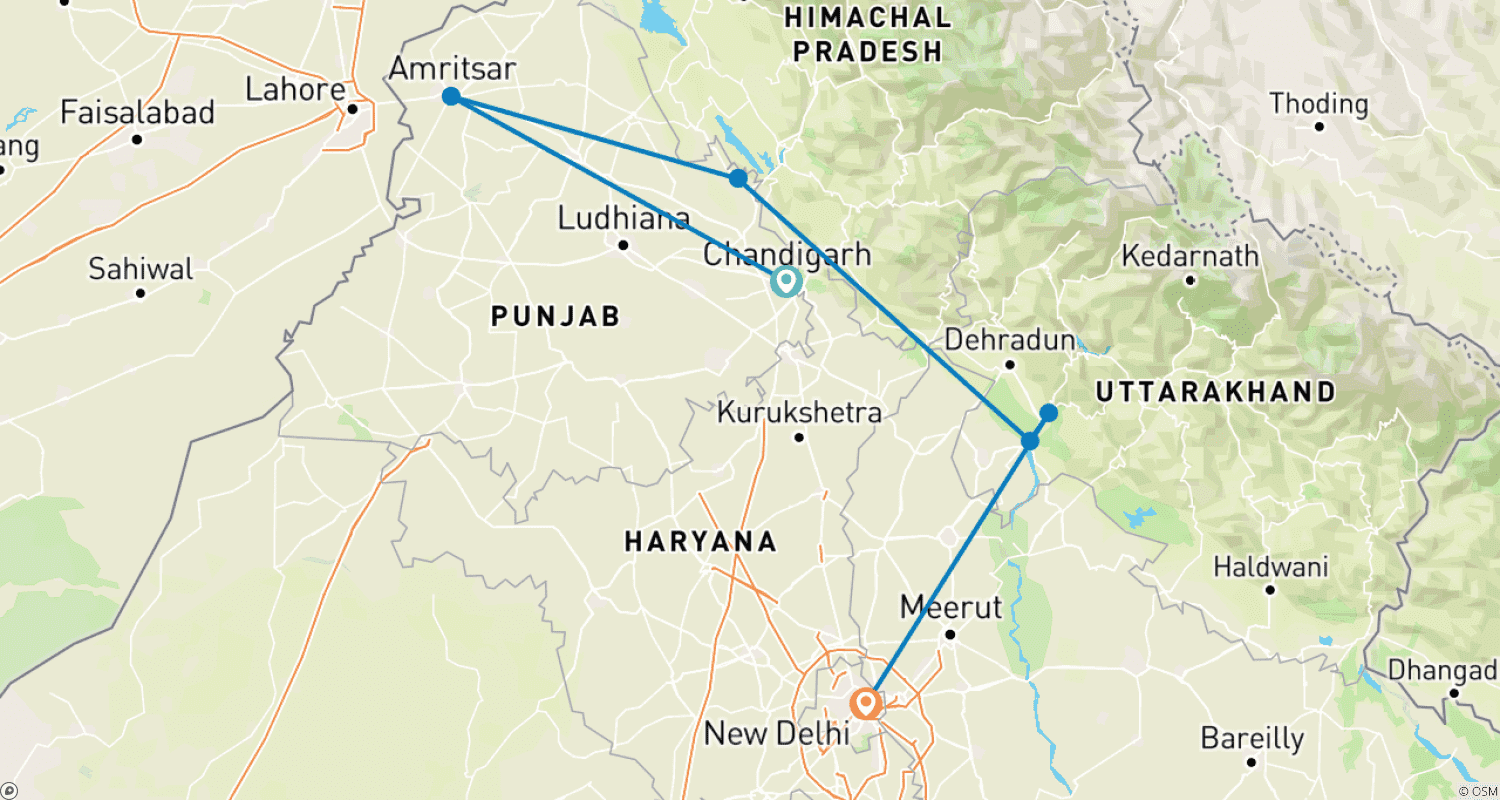 Mapa trasy: 8-dniowa Prywatna Wycieczka Samochodem do Złotych Świątyń i Świętego Miasta (Pielgrzymki Religijne nad Gangesem) z Chandigarh