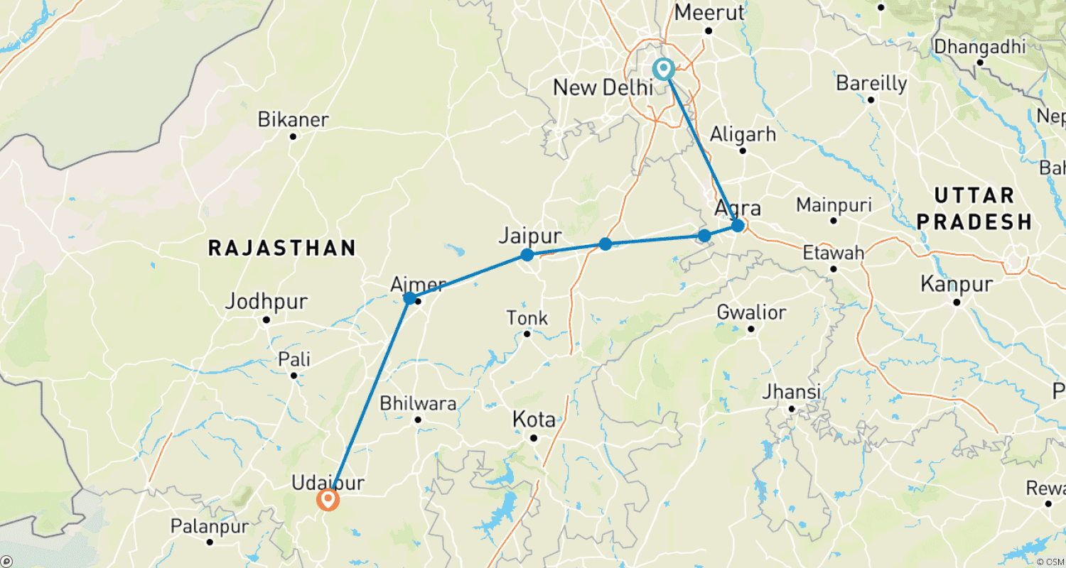 Mapa trasy: Golden Triangle with Udaipur - 8 Days