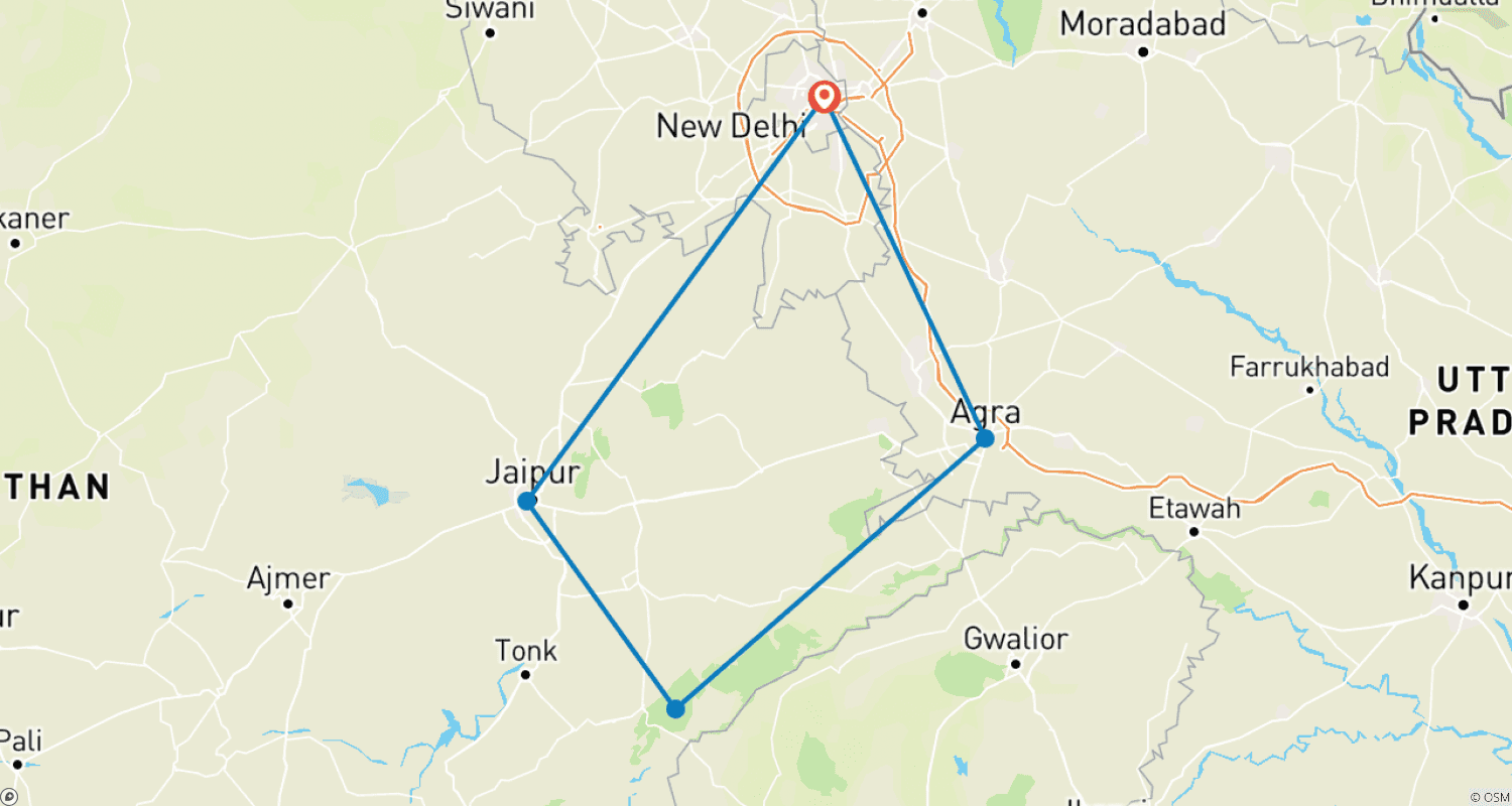 Mapa do percurso de Triângulo Dourado e Ranthambore - 7 Dias