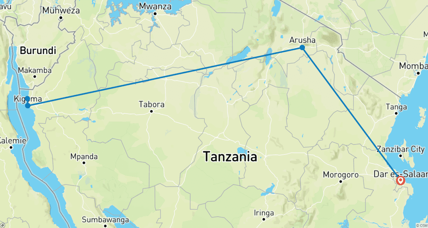 Mapa do percurso de Safári de acampamento econômico no Parque Nacional de Gombe