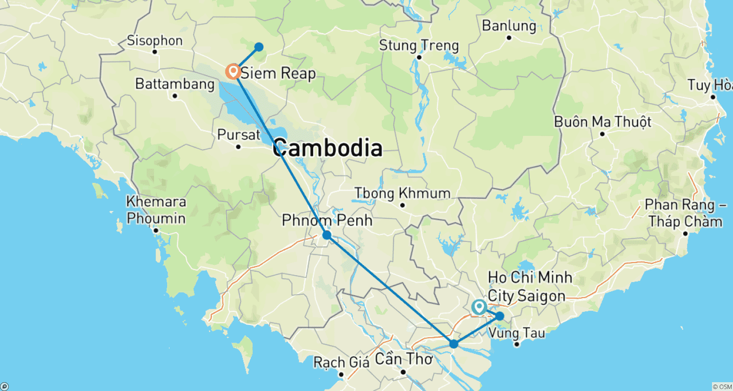 Mapa do percurso de Excursão de 10 Dias pelo Sul do Vietnã e Camboja