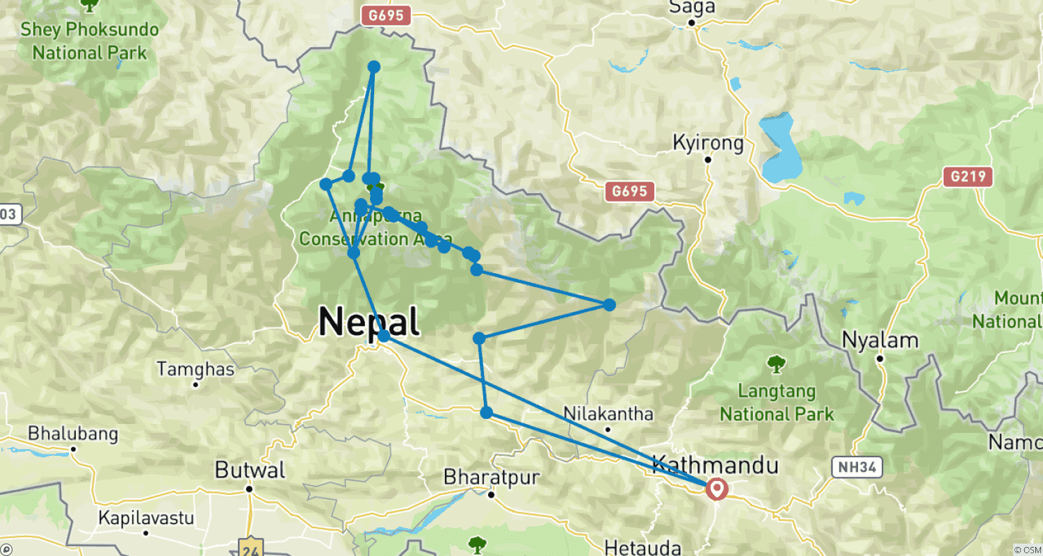 Annapurna Circuit Trekのルートマップ