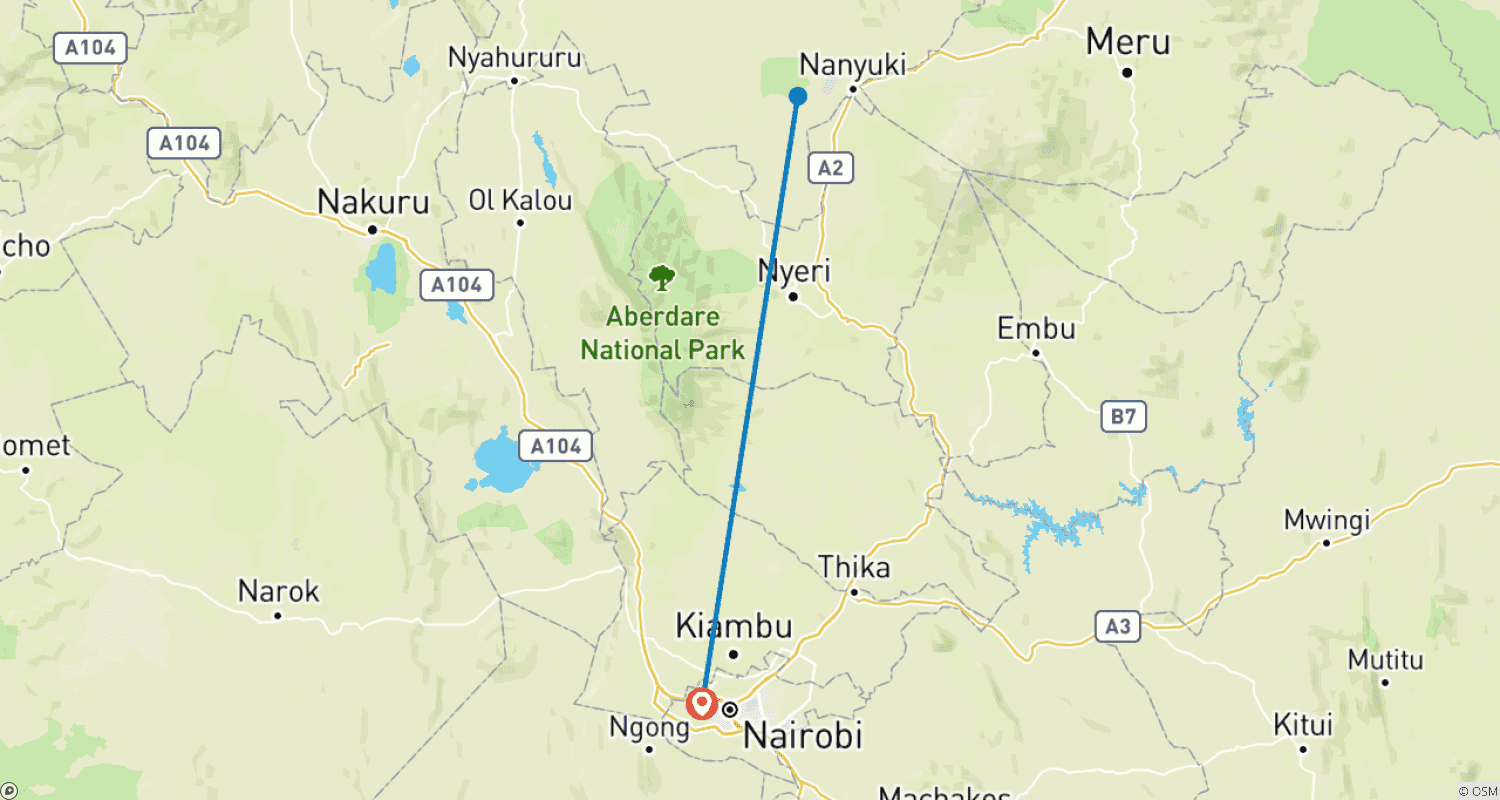 Mapa do percurso de Safari de 3 Dias e 2 Noites para a Reserva Ol Pejeta saindo de Nairobi com traslado gratuito do aeroporto.