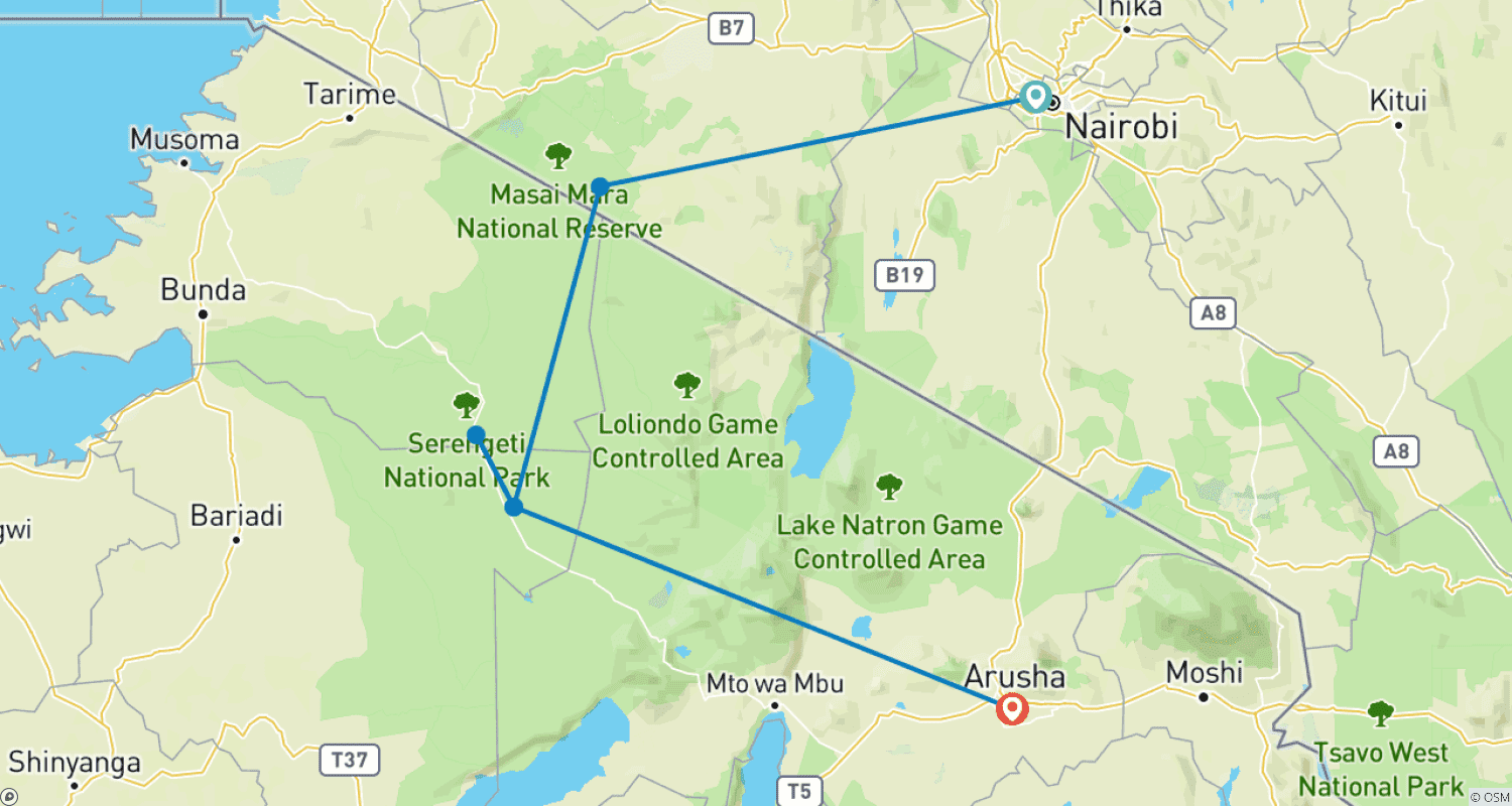 Mapa trasy: 5 dni, 4 noce Kenia i Tanzania Prywatny pakiet safari kempingowego w przystępnej cenie z bezpłatnym odbiorem z lotniska.
