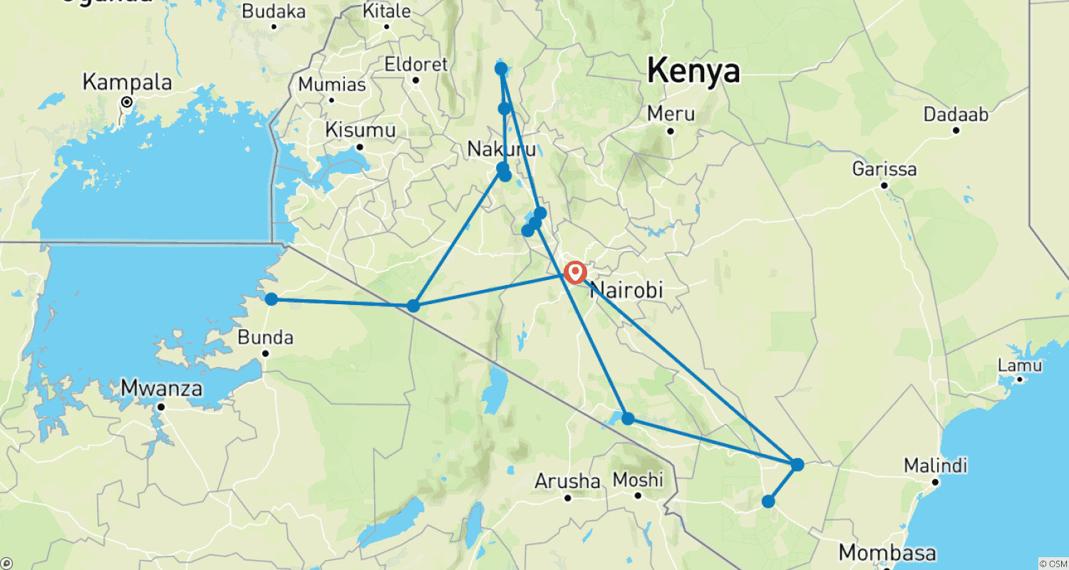 Mapa trasy: 10 dni, 9 nocy: Doświadczenie obserwacji ptaków i fotografii w Kenii w Masai Mara, Jeziorze Naivasha, Jeziorze Bogoria, Tsavo East i Amboseli z bezpłatnym zakwaterowaniem na pierwszą noc w Raha Suites Hotel.