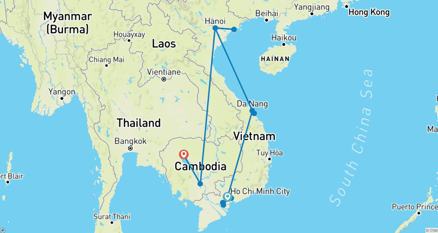 Mapa do percurso de Excursão Vietnã e Camboja em 15 Dias