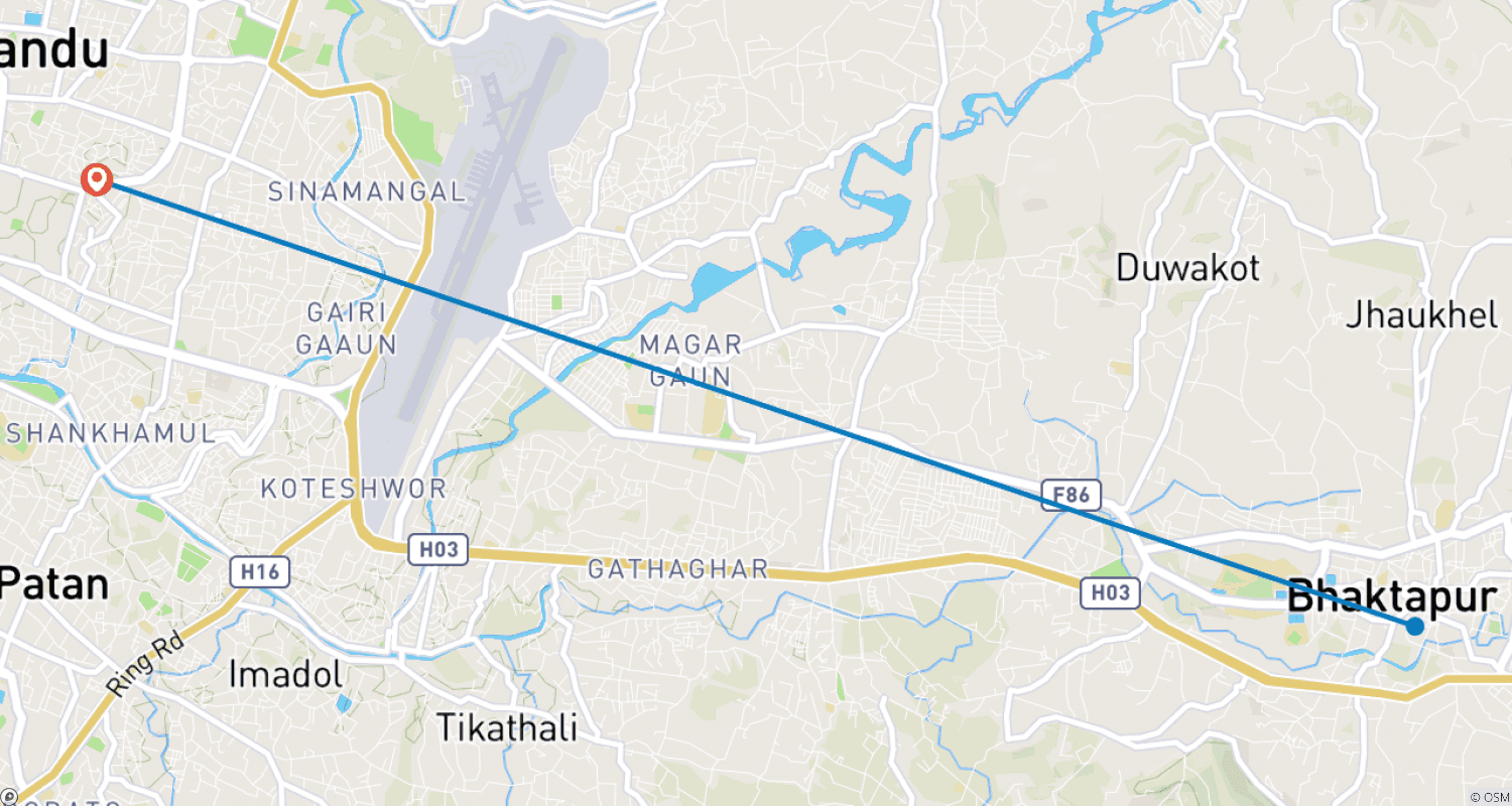 Mapa do percurso de Nascer do sol em Nagarkot e passeio cultural por Kathmandu-Bhaktapur