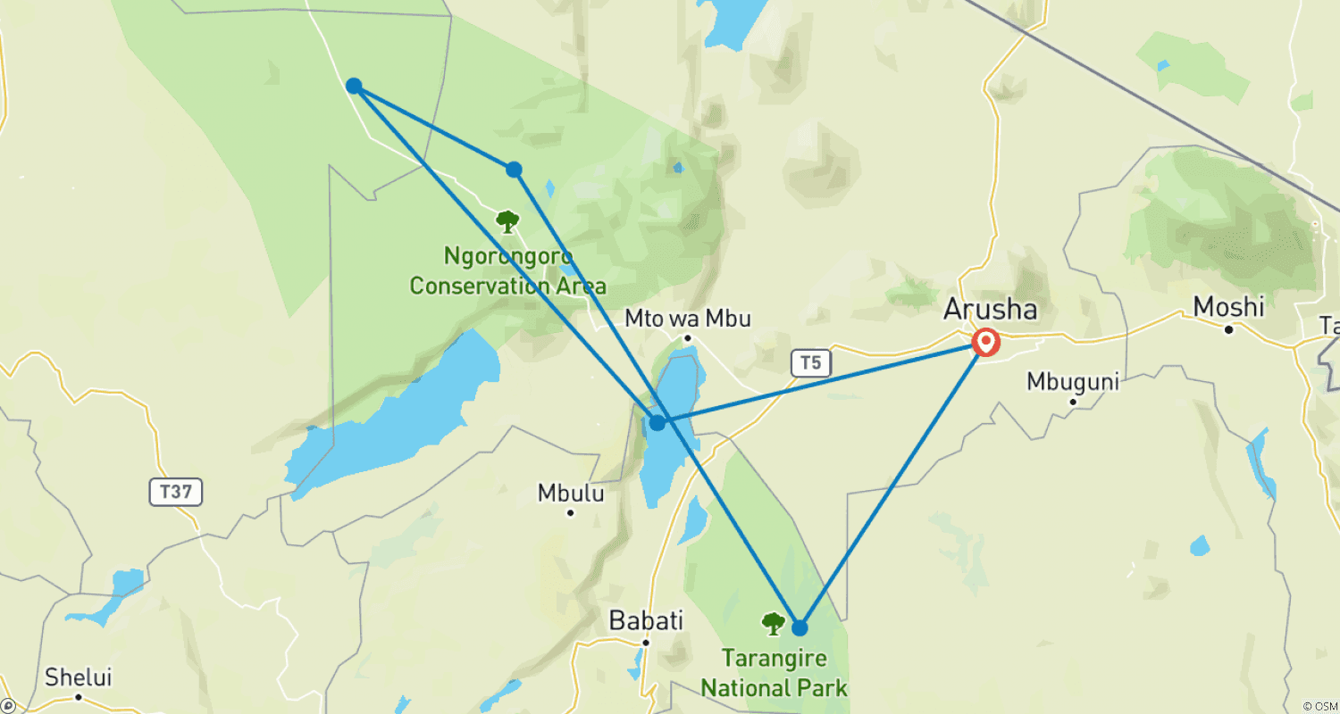 خريطة مسار 6 Days Tanzania Budget Camping Safari
