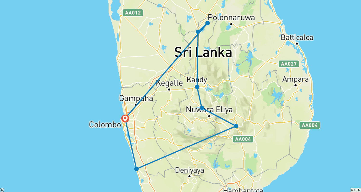 Mapa do percurso de Sinta o Sri Lanka