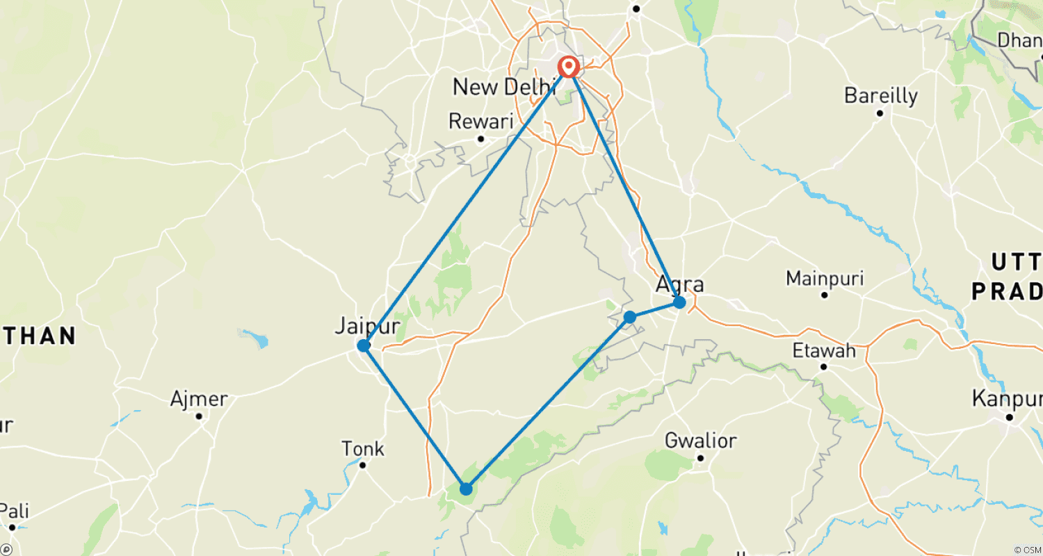 Mapa do percurso de Excursão de 5 Dias pelo Triângulo Dourado com Tigres de Ranthambore - Excursão Delhi Agra Ranthambore Jaipur - Taj, Tigres e Mais